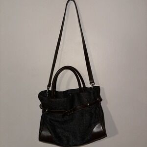 Etienne Aigner Women's Weave Gray Brown Leather Trim Shoulder‎ Bag Purse Medium